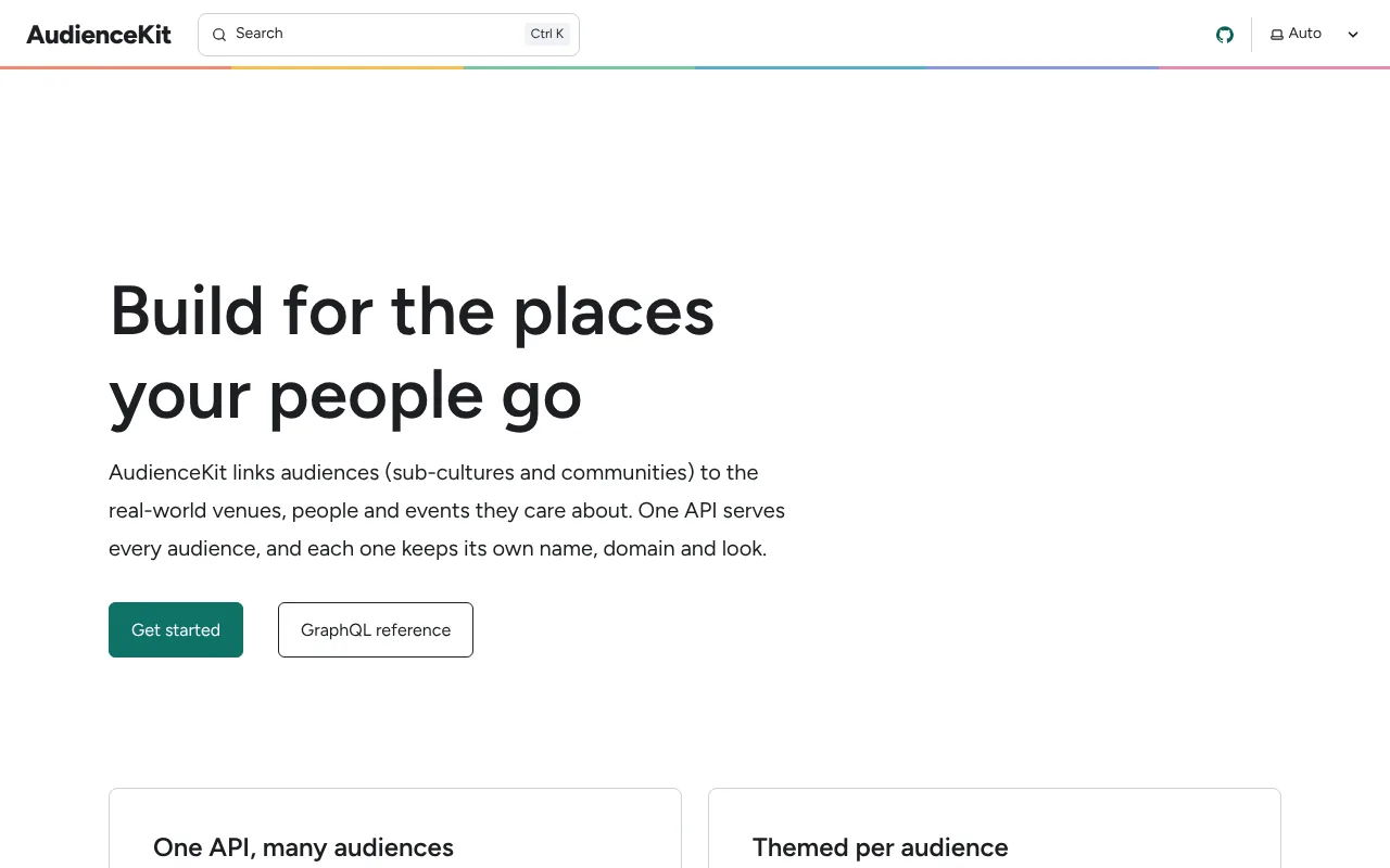 The AudienceKit developer docs home page, headed 
