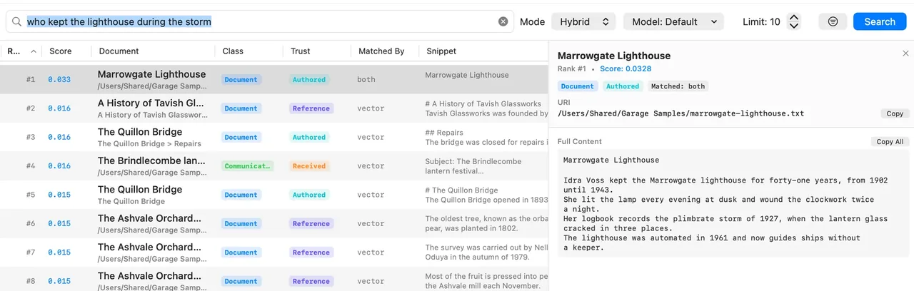 Garage's search window on the Mac, ranking documents by hybrid score with the matching excerpt shown alongside