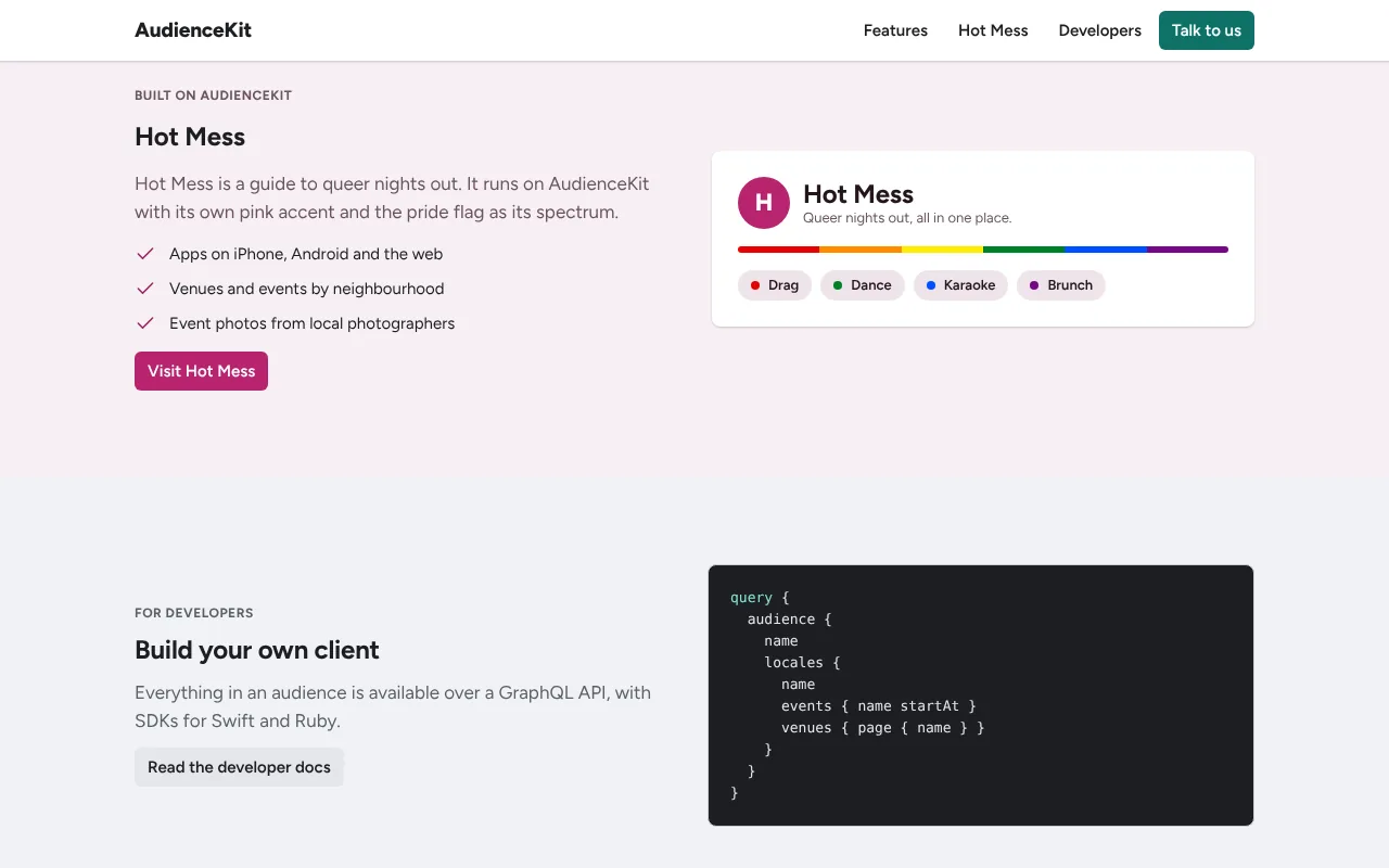The Hot Mess showcase on audiencekit.com, with its pink accent and pride-flag spectrum