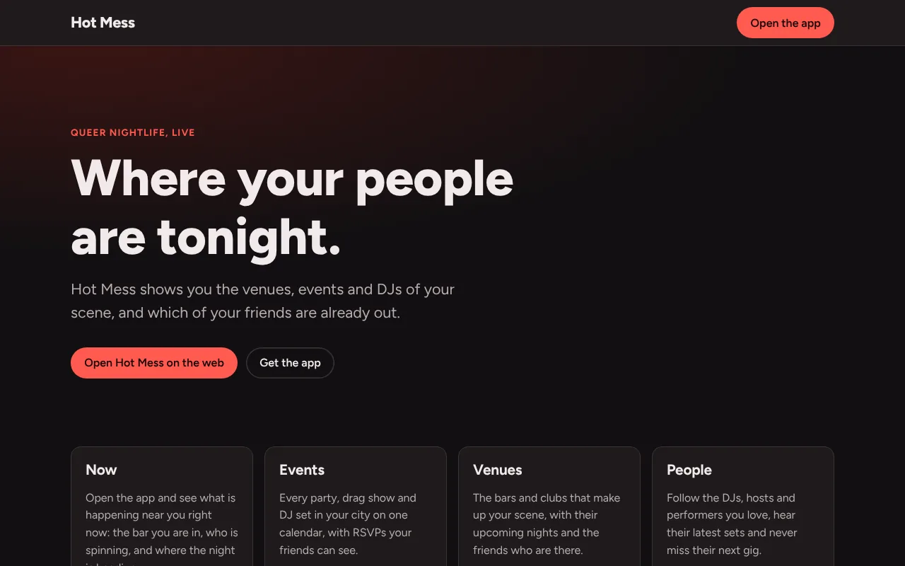 The hotmess.social home page in dark mode, headed 