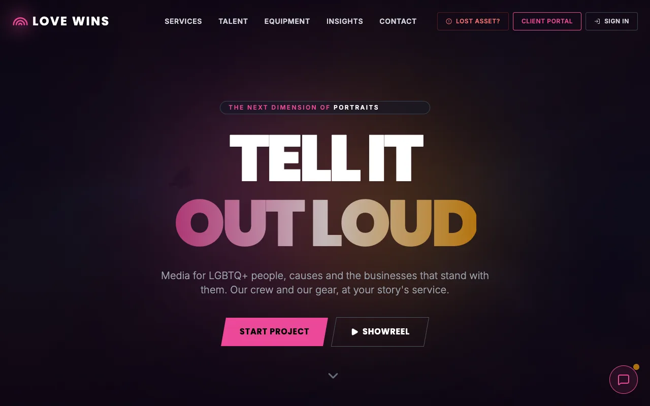 The lovewins.media home page, with the Love Wins rainbow wordmark and the headline 