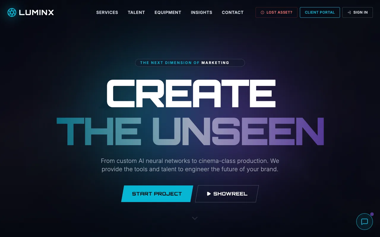 The luminx.media home page, with the LuminX aperture wordmark and the headline 